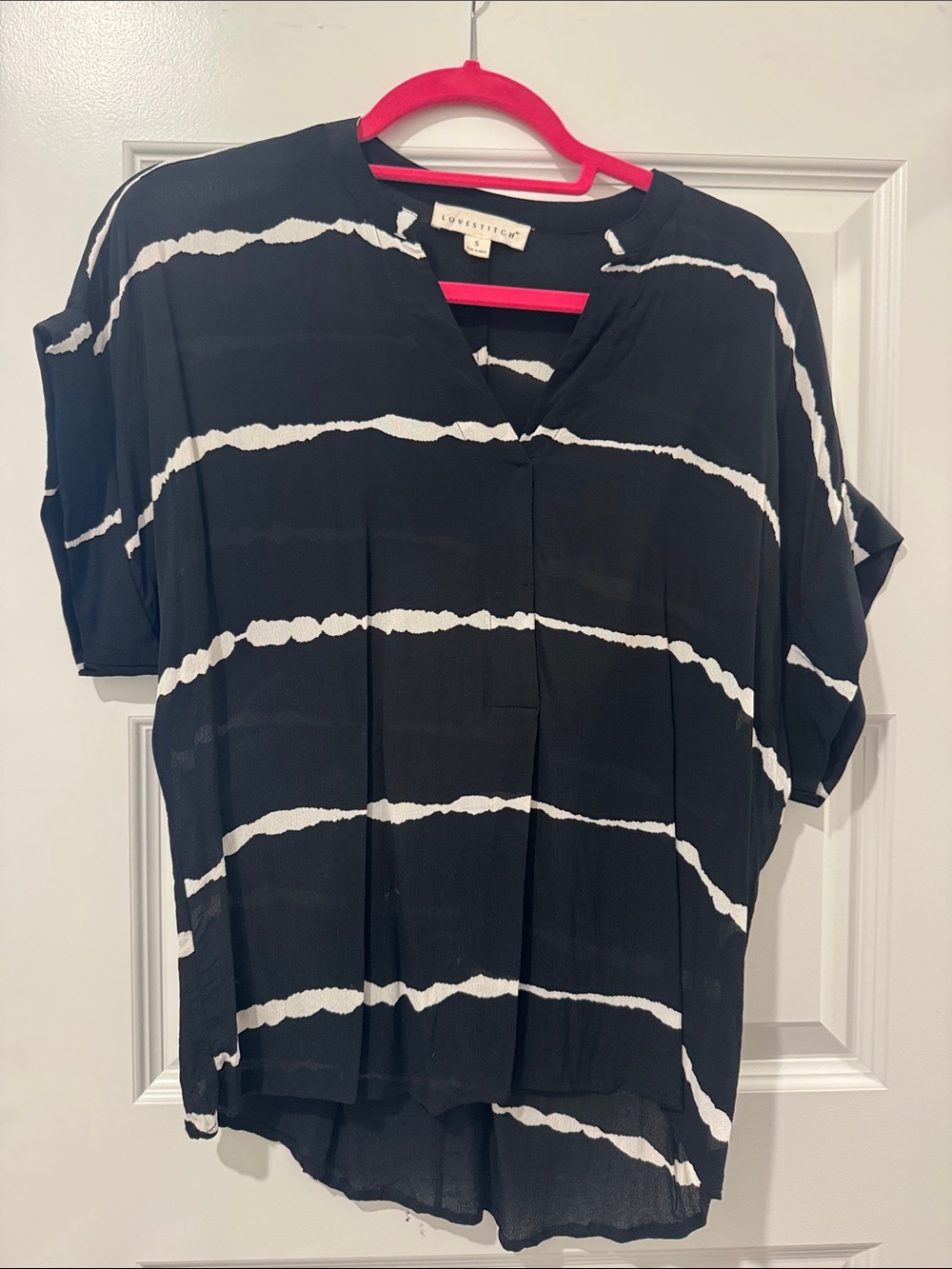 Love Stitch Black and White Striped V-Neck Blouse